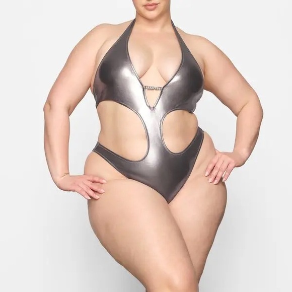 Skims Metallic Swim Halter Monokini in Carbon - Picture 1 of 4